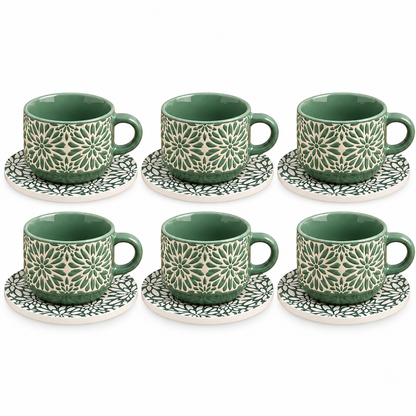 Danny Home Floral Ceramic Cup & Saucer Set – 6 Pcs | Sage Green