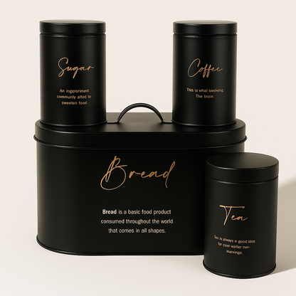 4-Piece Metal Bread Bin and Canister Set - Black