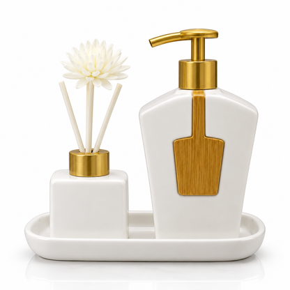 Luxury Ceramic Bathroom Accessory Set with Soap Dispenser & Reed Diffuser