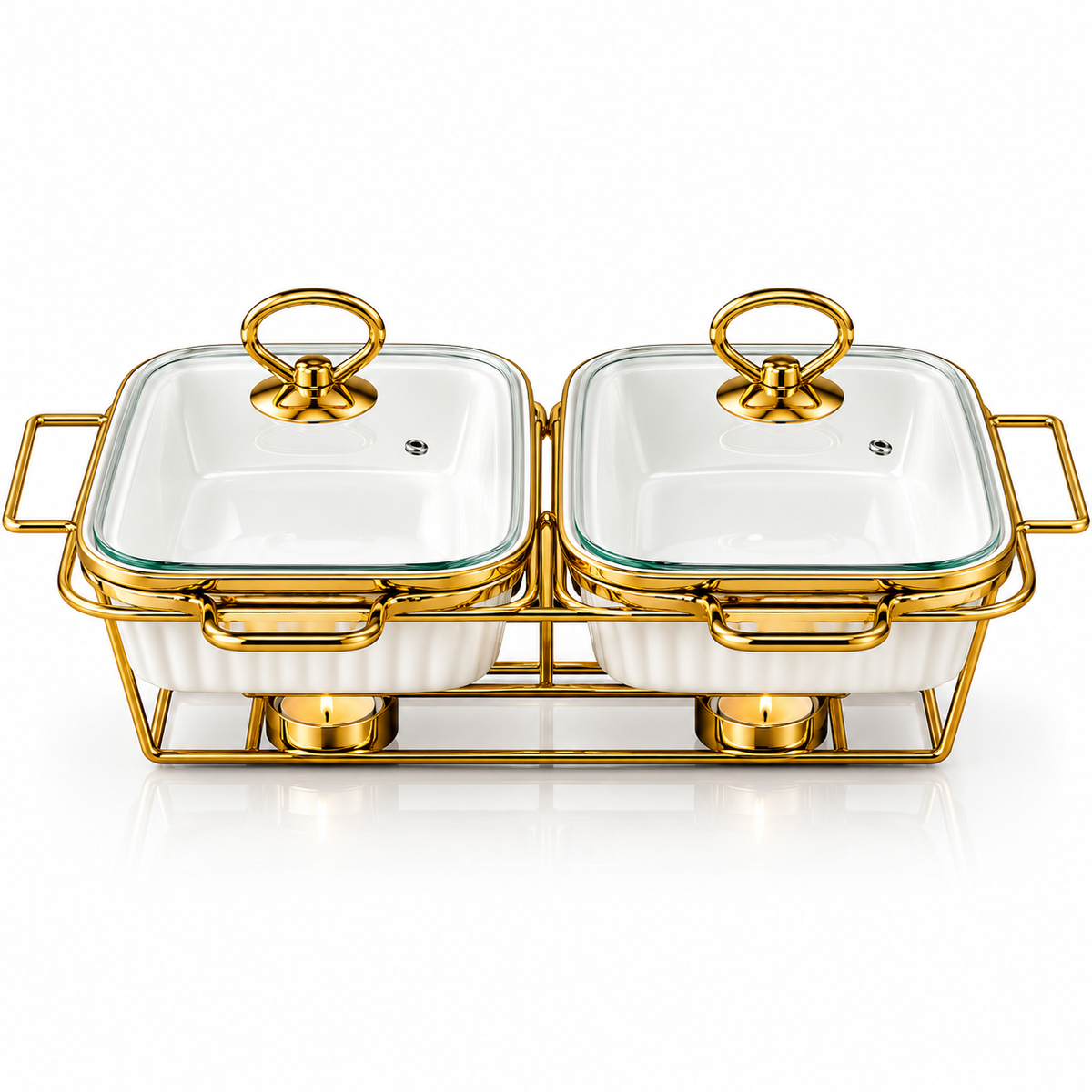Brilliant Double Casserole Set with Stand & Glass Lids
