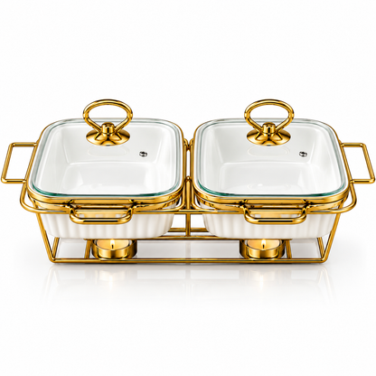 Brilliant Double Casserole Set with Stand & Glass Lids