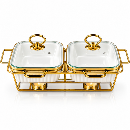 Brilliant Double Casserole Set with Stand & Glass Lids