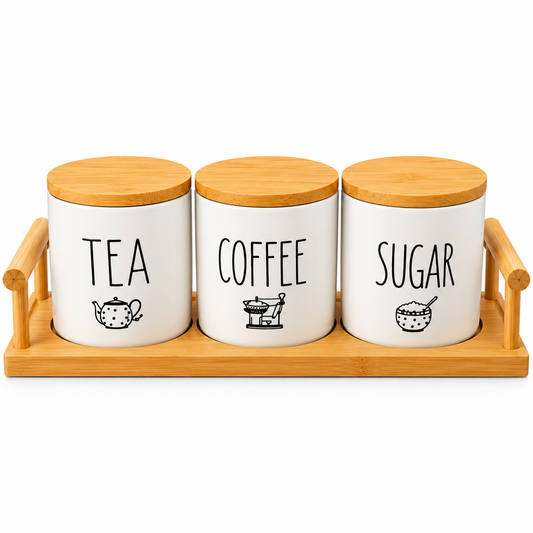 Premium Ceramic Tea, Coffee & Sugar Canister Set with Wooden Stand – 3 Pieces