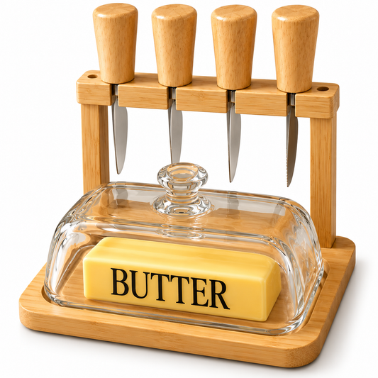 Premium Bamboo Butter Dish Set with Glass Cover & Knife Stand