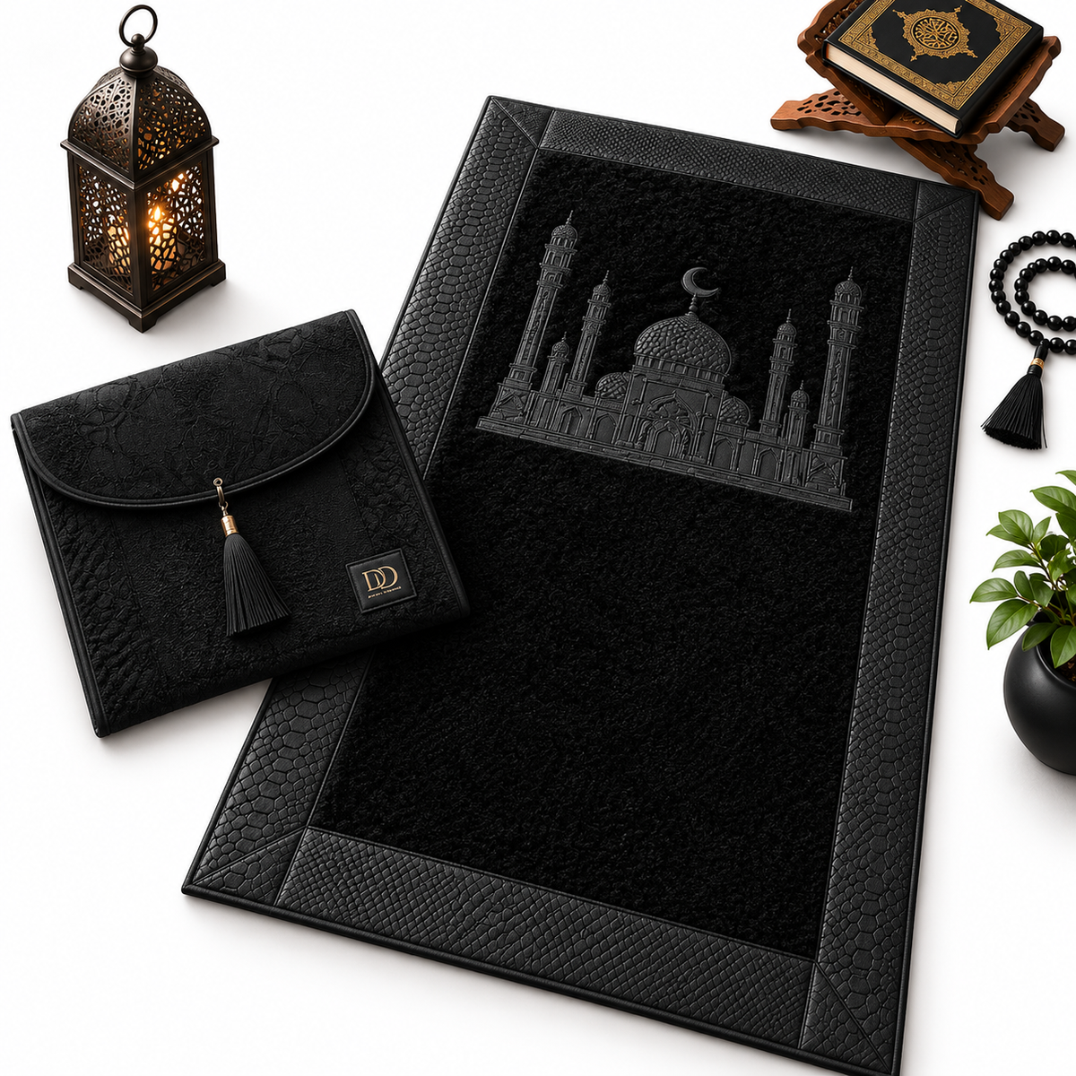 HomeIbadah Turkish Fleece Litchi Leather Prayer Mat - Black