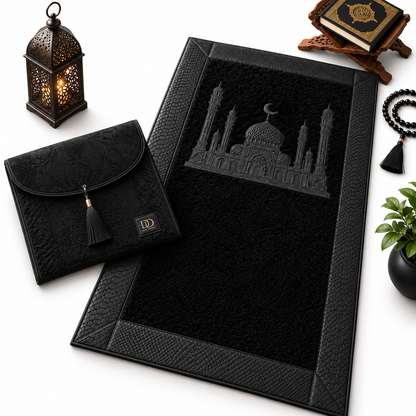 HomeIbadah Turkish Fleece Litchi Leather Prayer Mat - Black