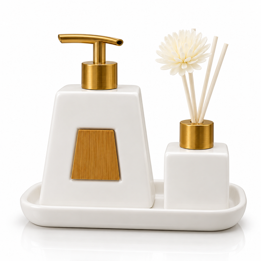 Premium Ceramic Bathroom Soap Dispenser & Diffuser Set with Tray