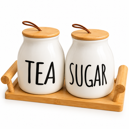 Ceramic Tea & Sugar Storage Jar Set with Bamboo Tray (2 Pcs)
