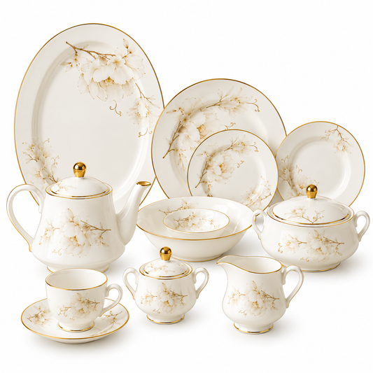 Ivory Blossom Grace Porcelain Dinner Set – 61 Pieces