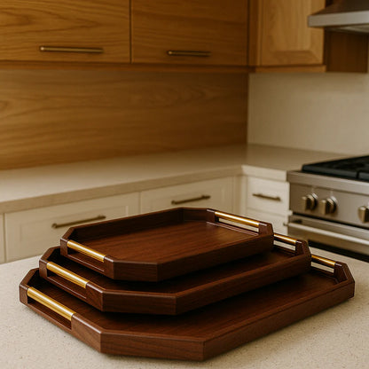 Premium 3 Pcs Walnut Wooden Serving Tray Set with Gold Handles
