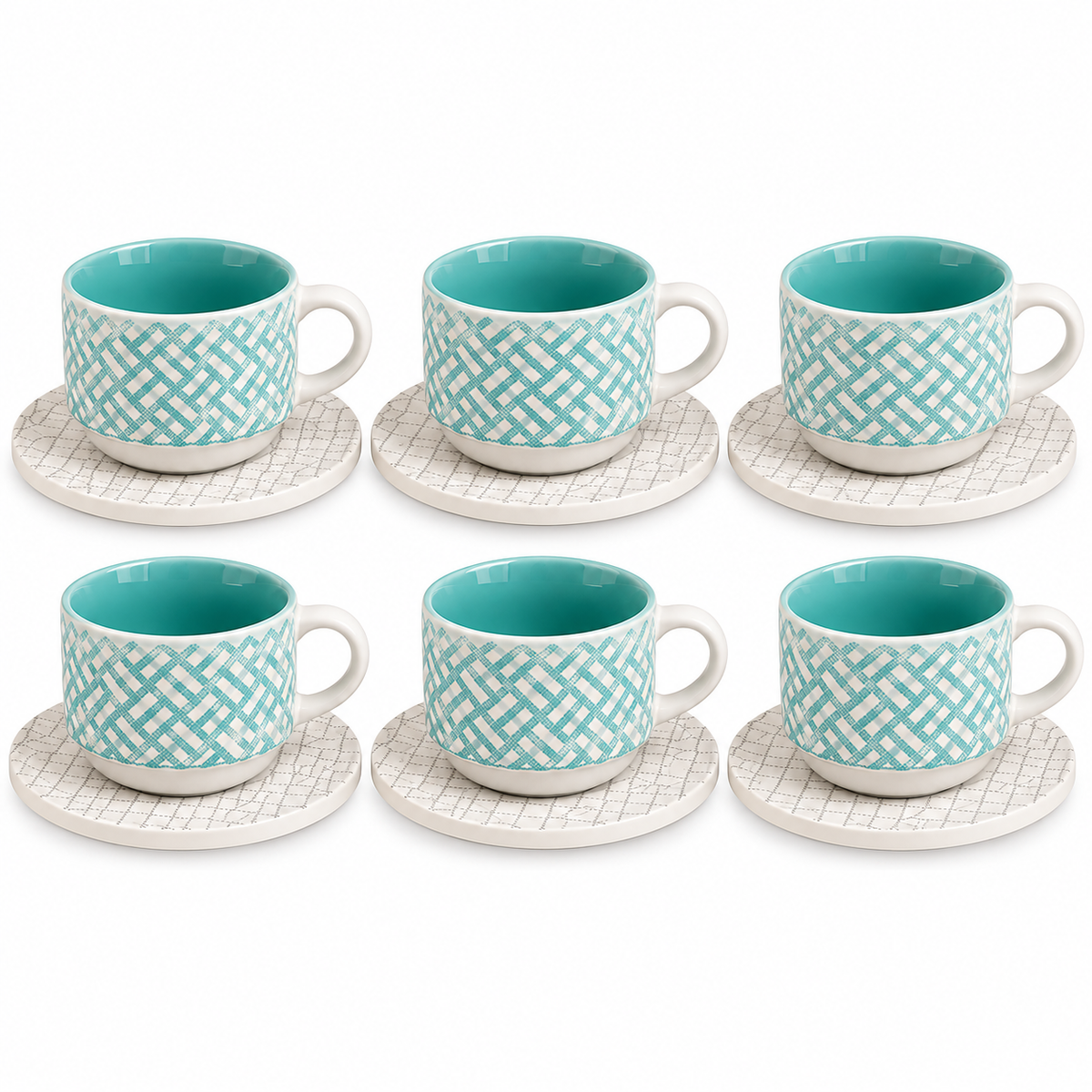Danny Home Woven Ceramic Cup & Saucer Set – 6 Pcs | Sky Blue