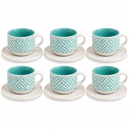 Danny Home Woven Ceramic Cup & Saucer Set – 6 Pcs | Sky Blue