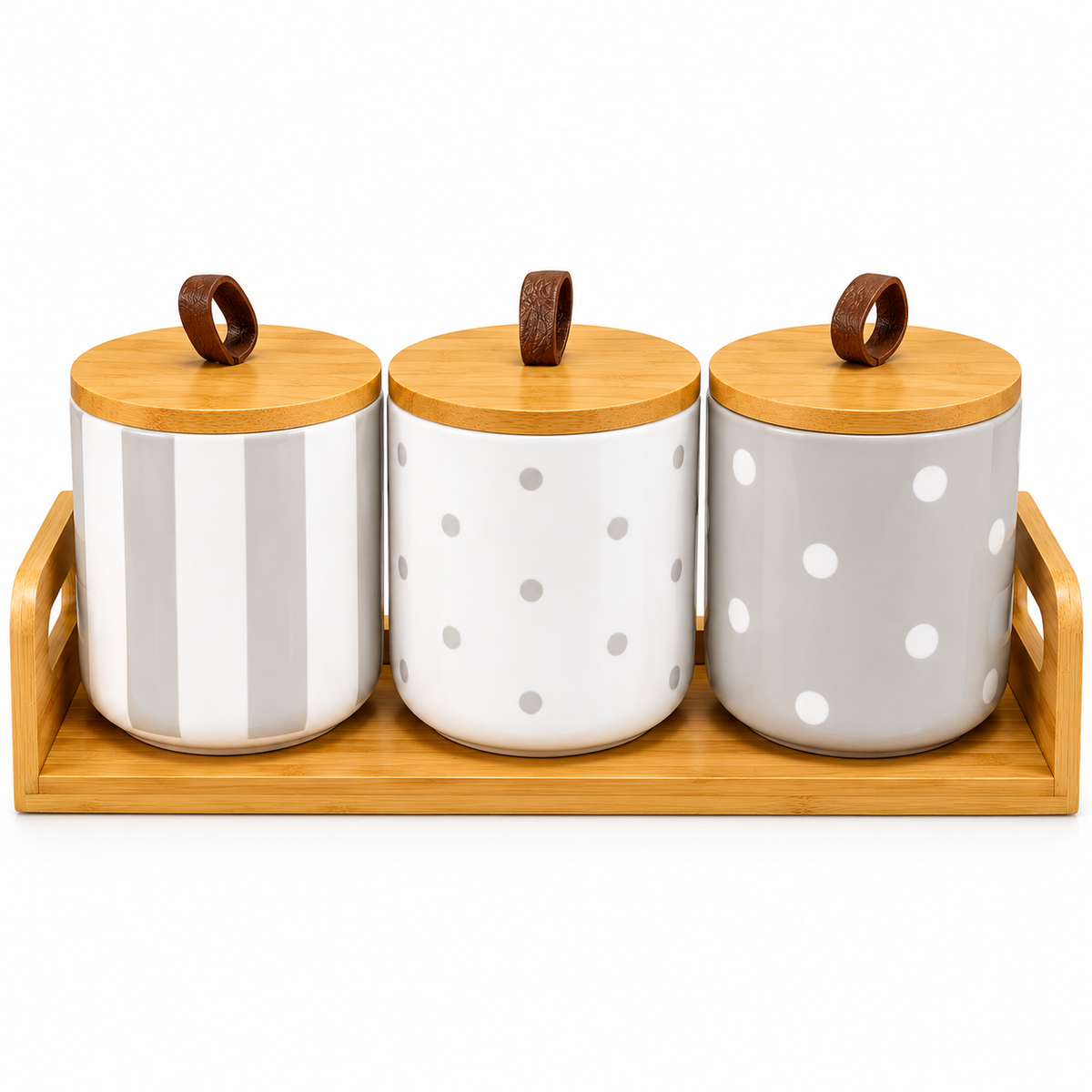 Premium Ceramic Storage Canister Set with Bamboo Lids & Tray (3 Pieces)