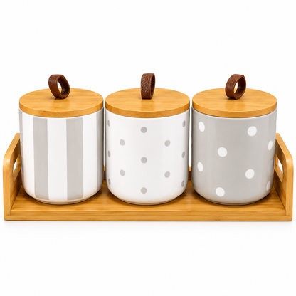 Premium Ceramic Storage Canister Set with Bamboo Lids & Tray (3 Pieces)