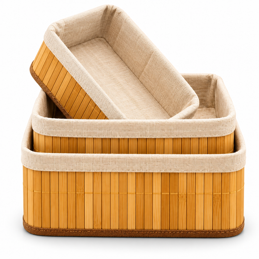Luxe Bamboo Storage Basket Set – 3 Pcs | Rectangle