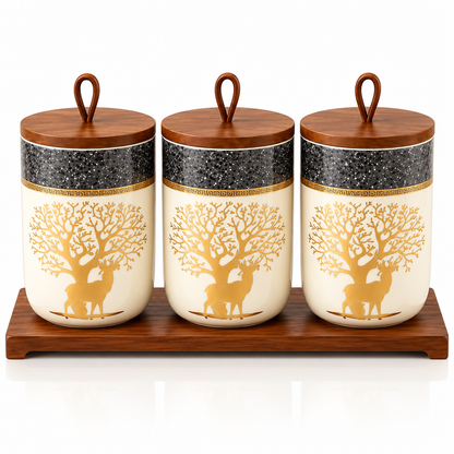 3 Pcs Golden Deer Ceramic Canister Set with Wooden Tray