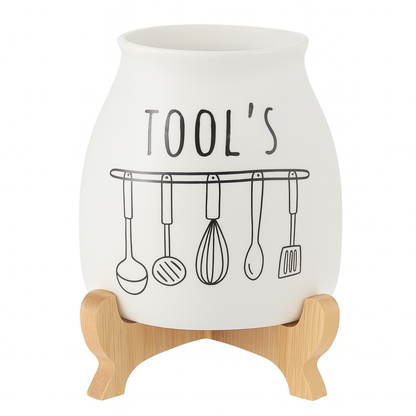 Porcelain Cutlery Holder With Bamboo Stand