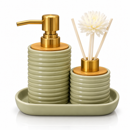 Luxury Ribbed Ceramic Bathroom Accessory Set with Soap Dispenser & Diffuser Tray