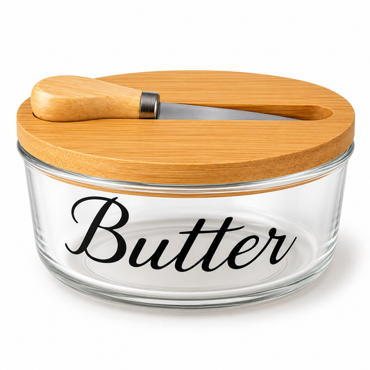 Glass Butter Dish with Wooden Knife
