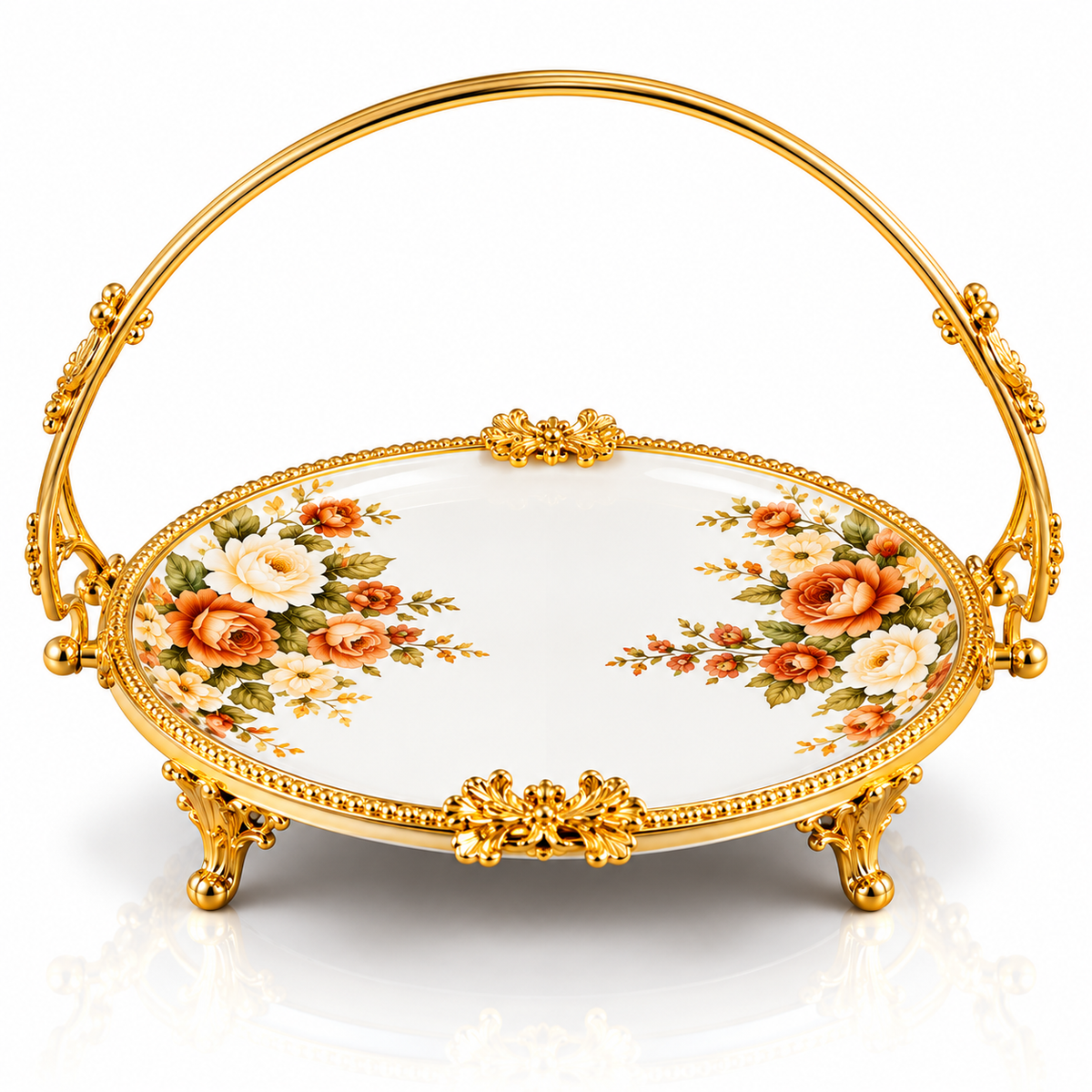 Brilliant Royal Blossom Gold Round Flat Basket Tray – 24x36x28cm