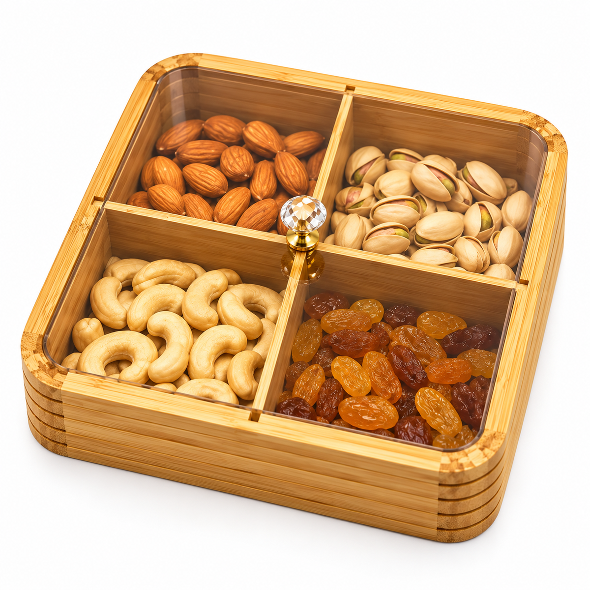 Premium Bamboo Dry Fruit Box with Plastic Lid – 4 Compartments | Natural