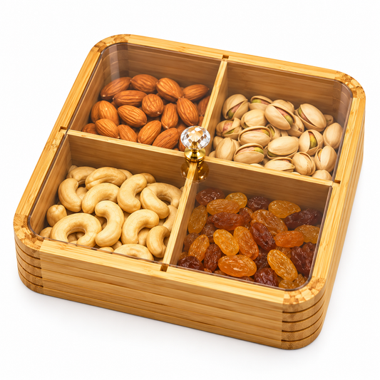 Premium Bamboo Dry Fruit Box with Plastic Lid – 4 Compartments | Natural