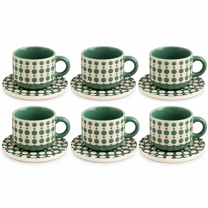 Danny Home Polka Dot Ceramic Cup & Saucer Set – 6 Pcs | Sage Green