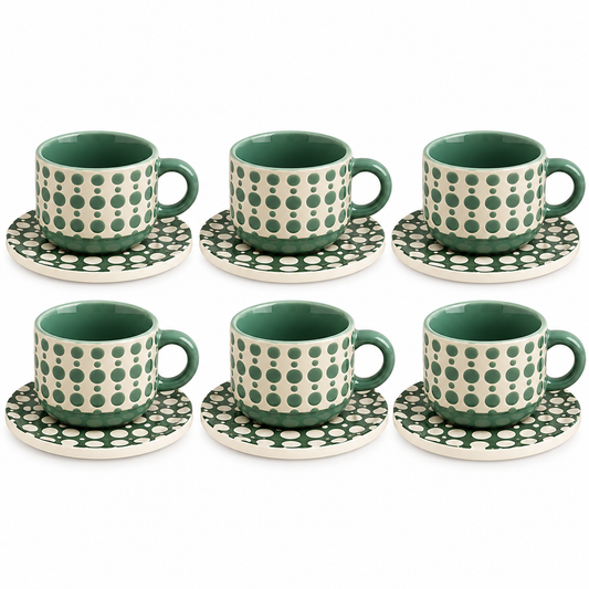 Danny Home Polka Dot Ceramic Cup & Saucer Set – 6 Pcs | Sage Green