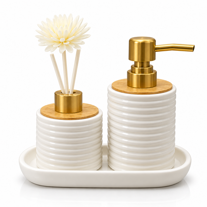 Luxury White Ceramic Bathroom Accessory Set with Soap Dispenser & Diffuser Tray