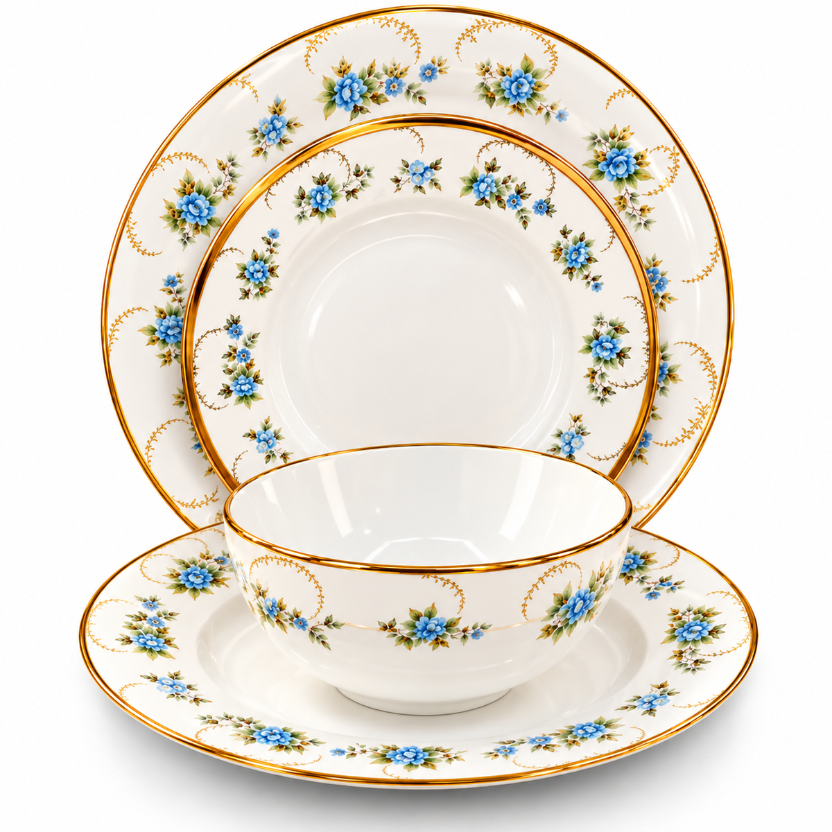 Premium Porcelain 24-Piece Dinner Set for 6 Persons – Blue Floral & Gold