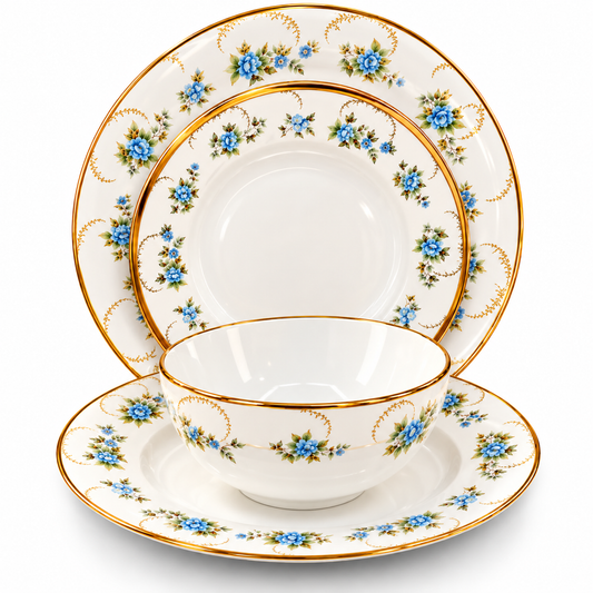 Premium Porcelain 24-Piece Dinner Set for 6 Persons – Blue Floral & Gold