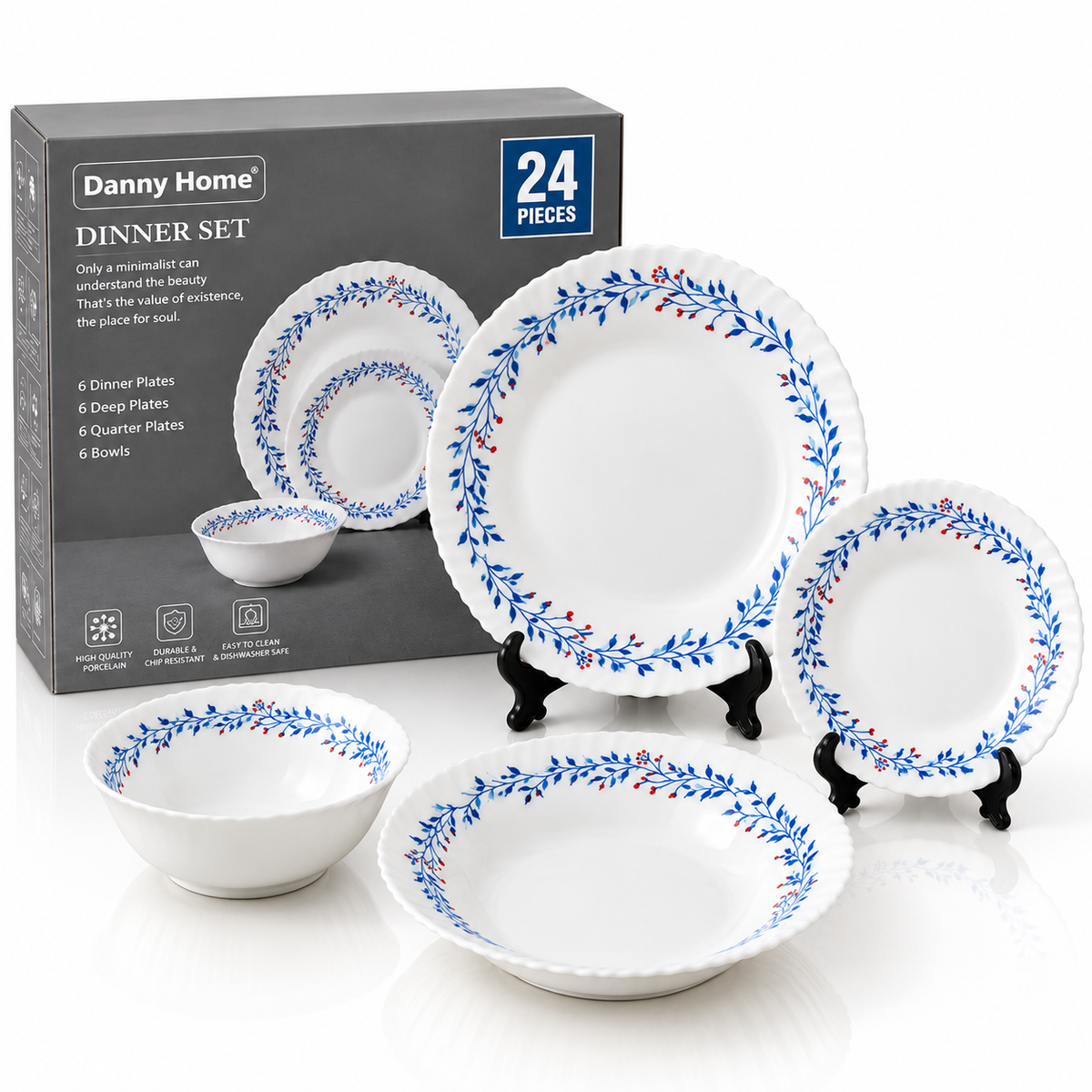 Danny Home 24 Pcs Blue Botanical Dinner Set