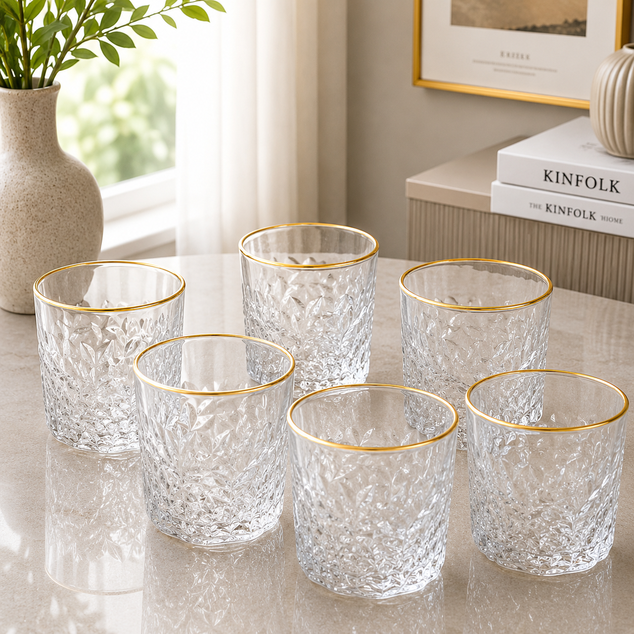 Luxe Gold Rim Floral Crystal Glass Tumbler Set – 6 Pieces