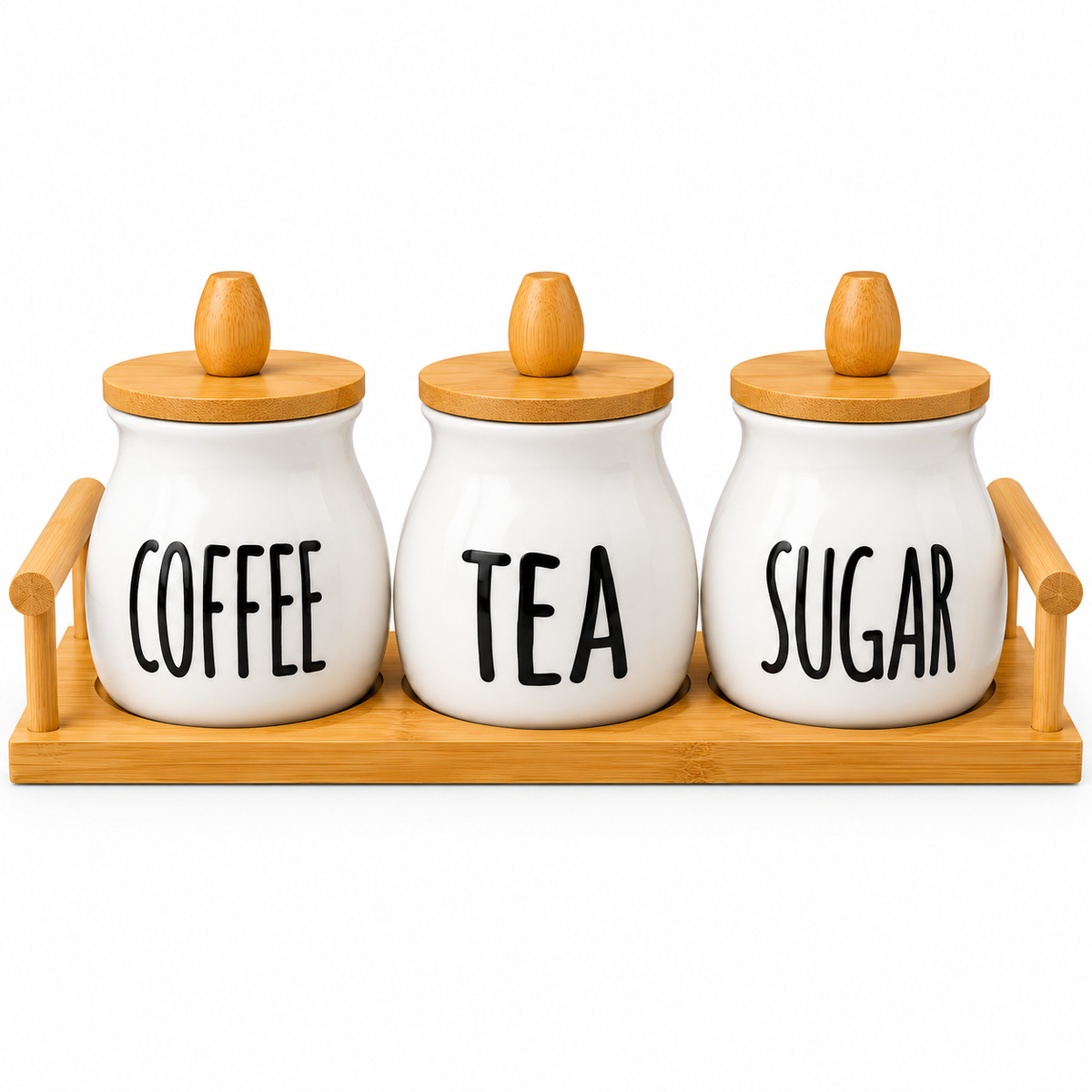 Classic 3-Piece Ceramic Tea, Coffee & Sugar Storage Jar Set with Wooden Tray