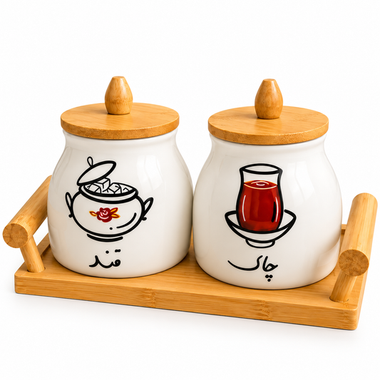Ceramic Tea & Sugar Jar Set with Bamboo Tray (2 Pcs)
