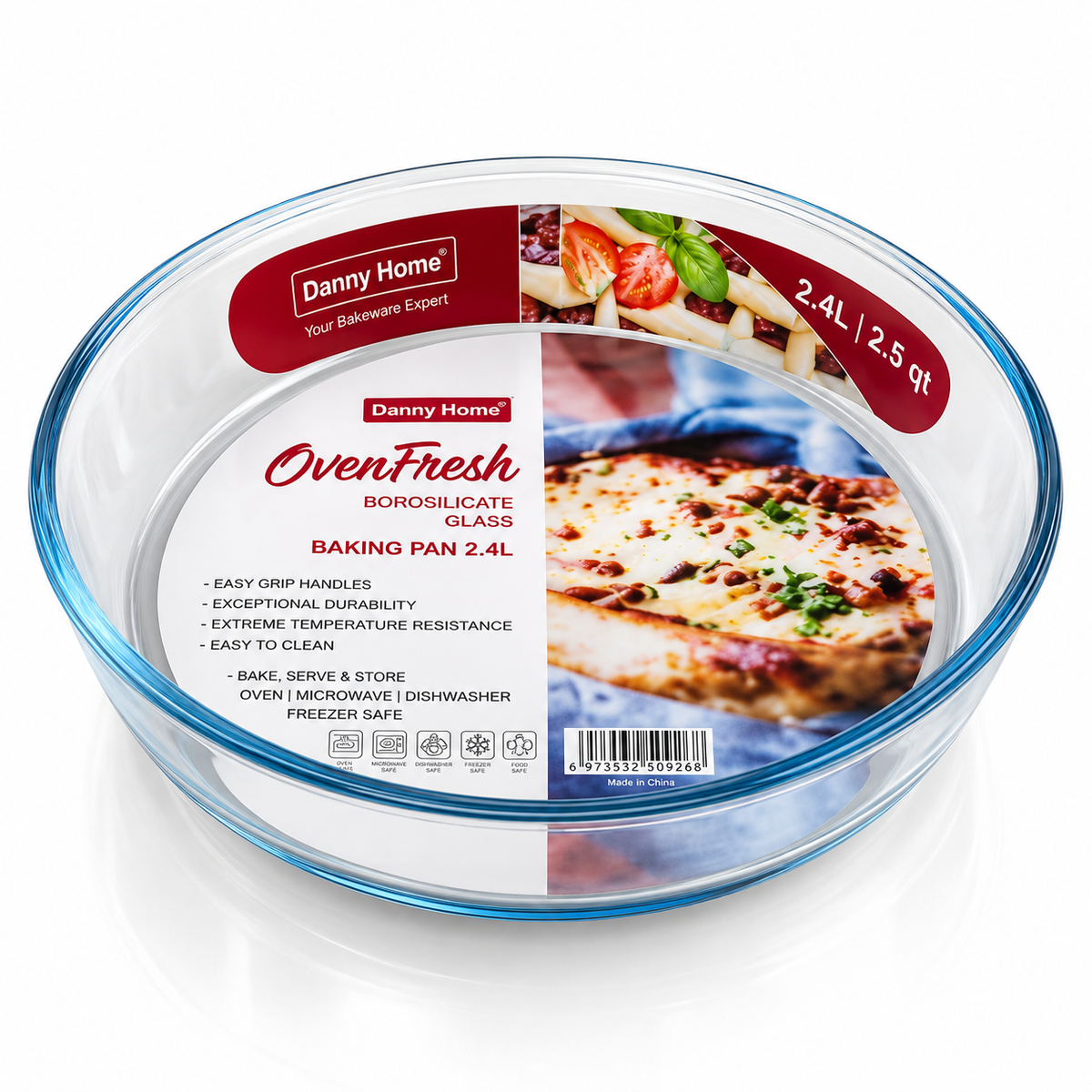 Danny Home Round Borosilicate Glass Baking Pan – 2.4L