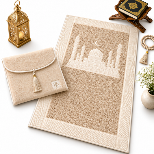 HomeIbadah Turkish Fleece Litchi Leather Prayer Mat - Beige