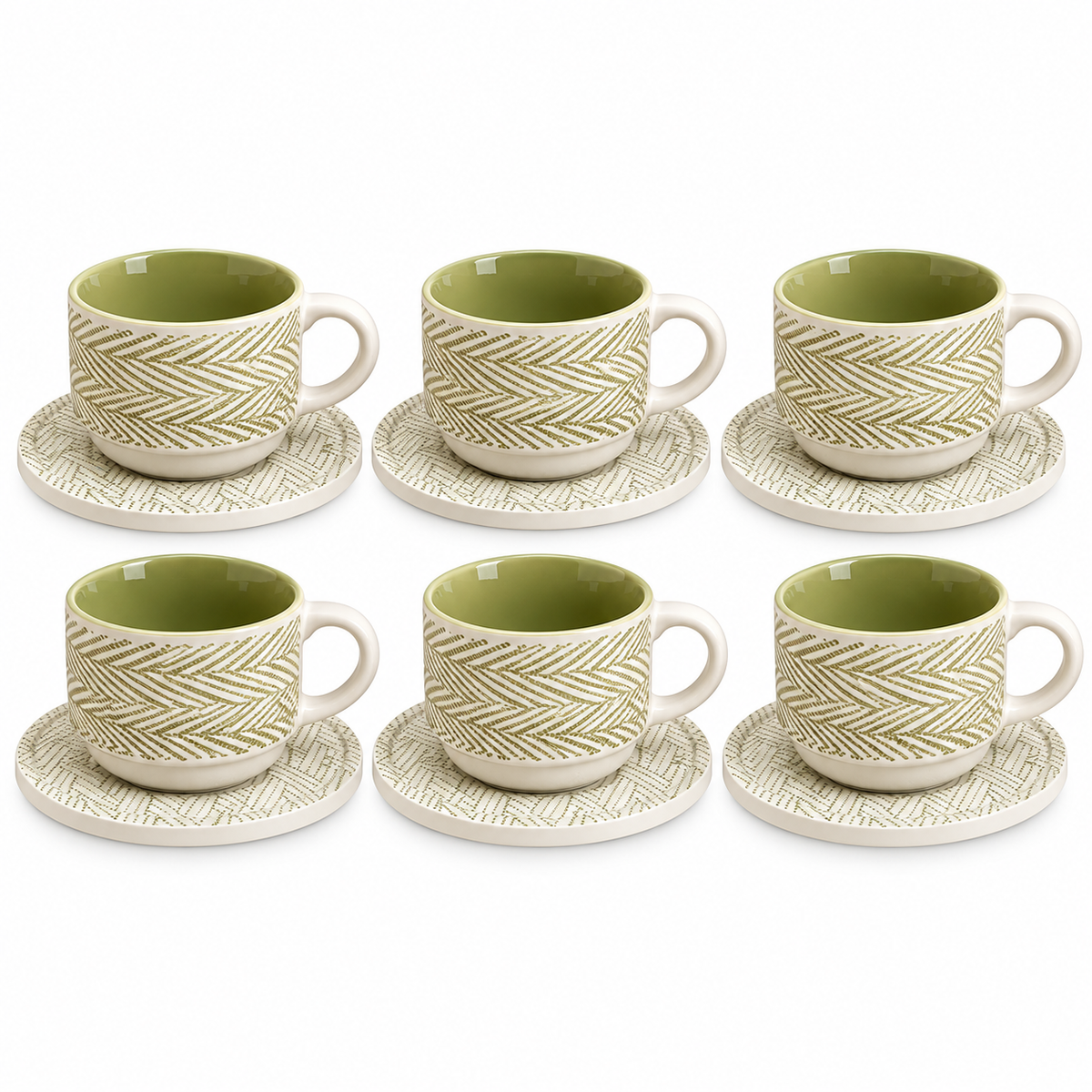 Danny Home Textured Ceramic Cup & Saucer Set – 6 Pcs | Sage Green