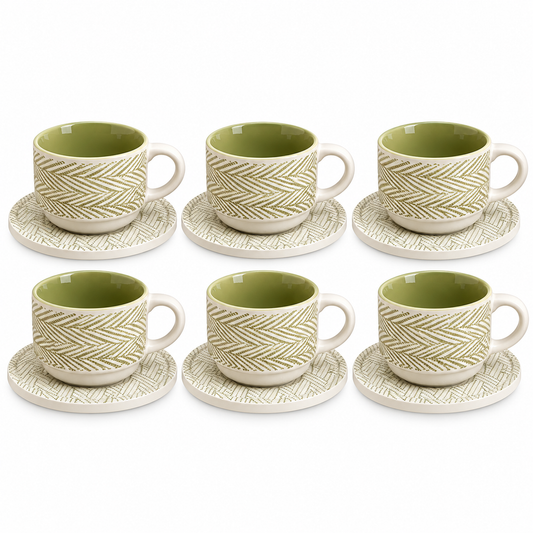 Danny Home Textured Ceramic Cup & Saucer Set – 6 Pcs | Sage Green