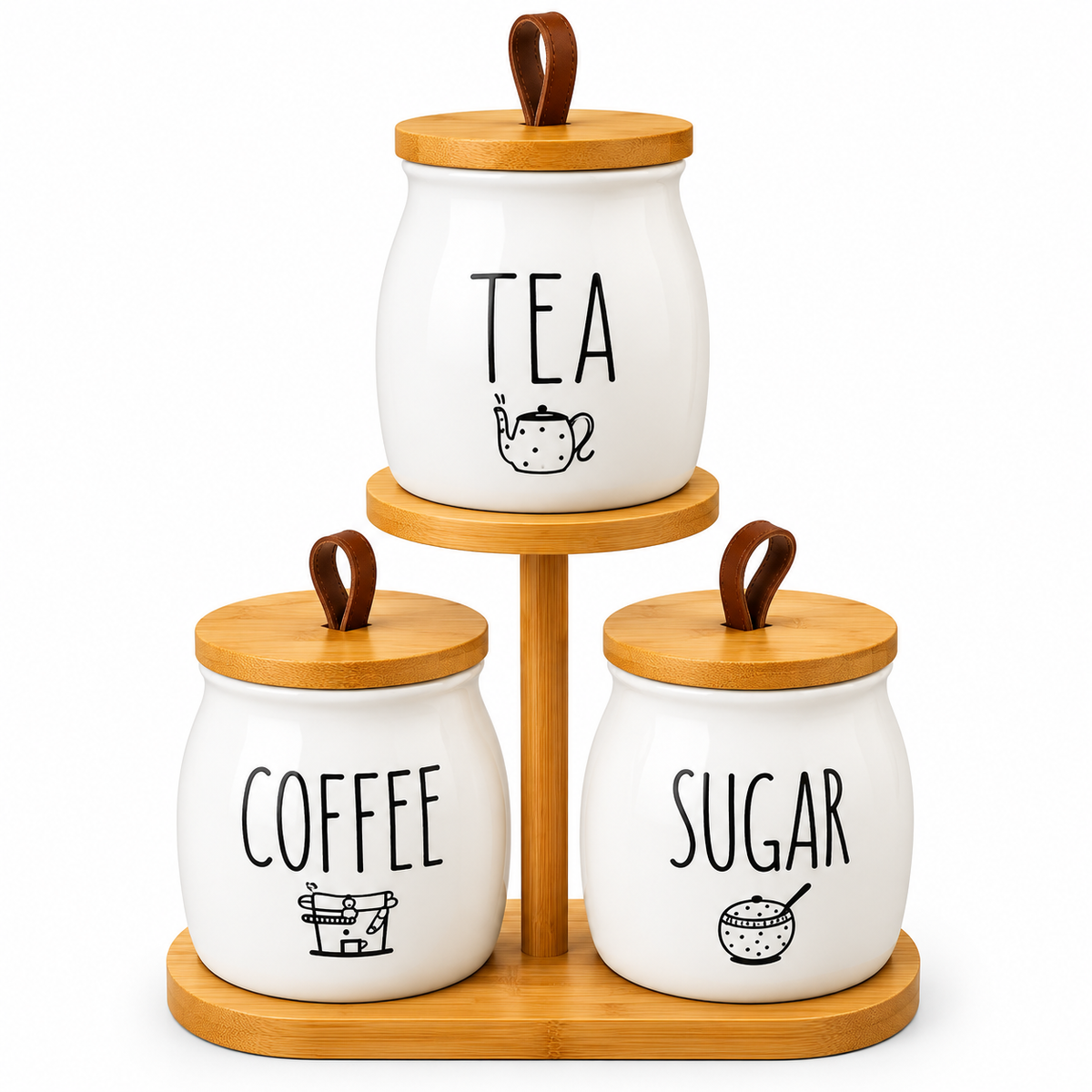 Premium 3-Piece Ceramic Tea, Coffee & Sugar Canister Set with Wooden Stand