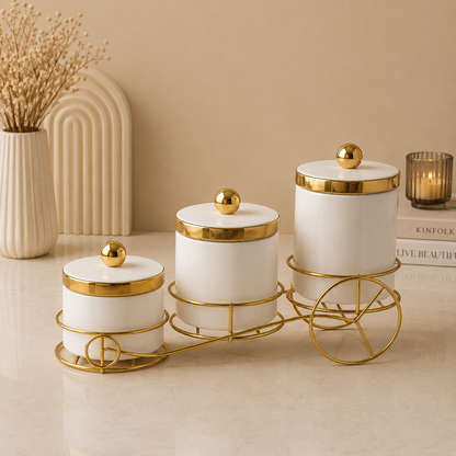 3 Pcs White Ceramic Jars with Golden Stand