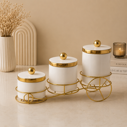 3 Pcs White Ceramic Jars with Golden Stand