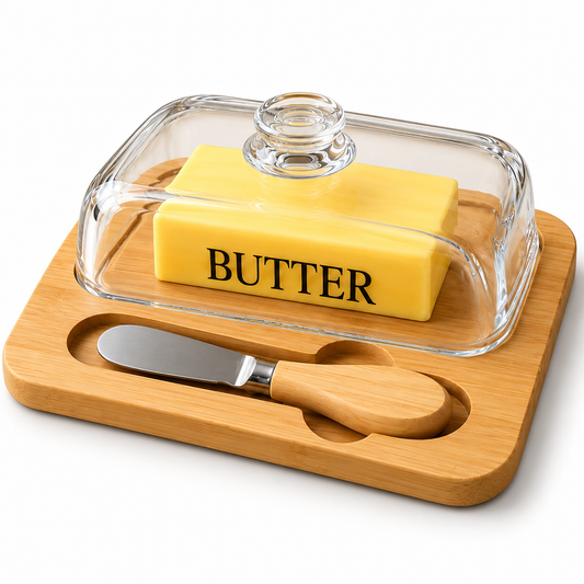 Premium Acrylic Butter Dish with Wooden Base & Butter Knife