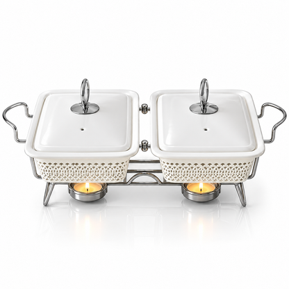 Brilliant 10-Inch Twin Rectangular Ceramic Chafing Dish with Metal Candle Stand