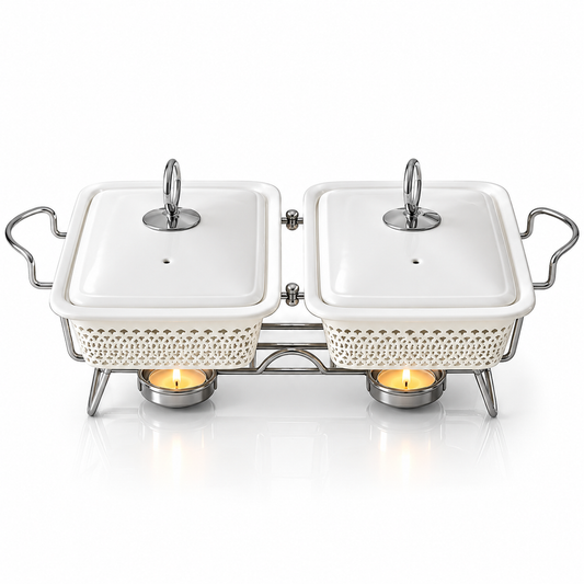 Brilliant 10-Inch Twin Rectangular Ceramic Chafing Dish with Metal Candle Stand