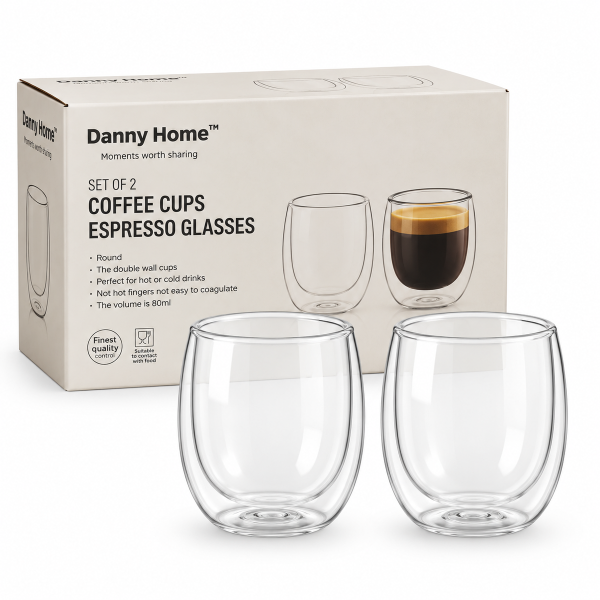Danny Home Double Walled Espresso Glasses 80ml - 2Pcs Set