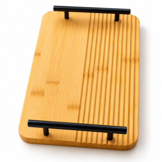 2-Piece Bamboo Serving Tray Set with Black Metal Handles