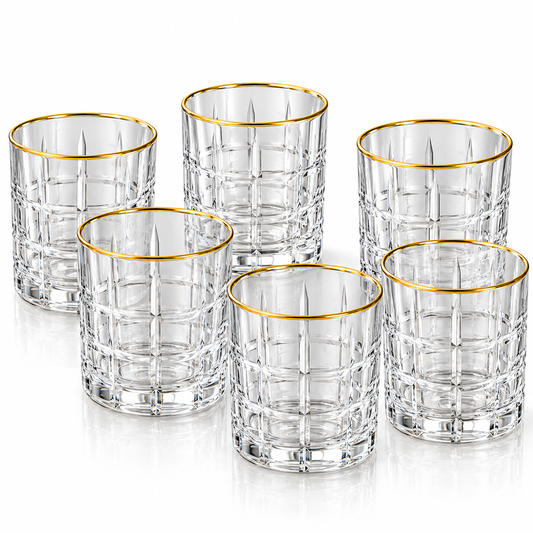Luxe Gold Rim Grid Crystal Glass Tumbler Set – 6 Pieces