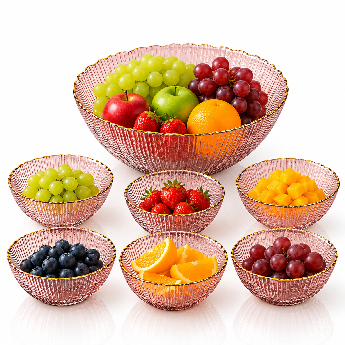 7 Pcs Purple Ribbed Glass Fruit Bowl Set