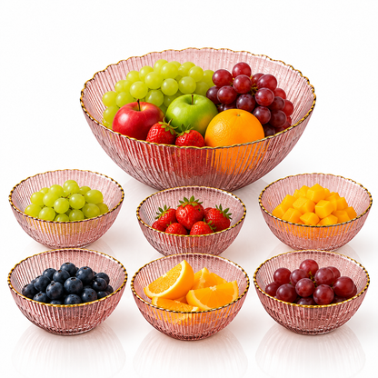 7 Pcs Purple Ribbed Glass Fruit Bowl Set